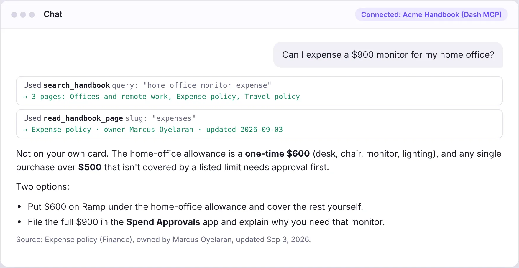 Asking the Company Handbook whether a $900 monitor can be expensed