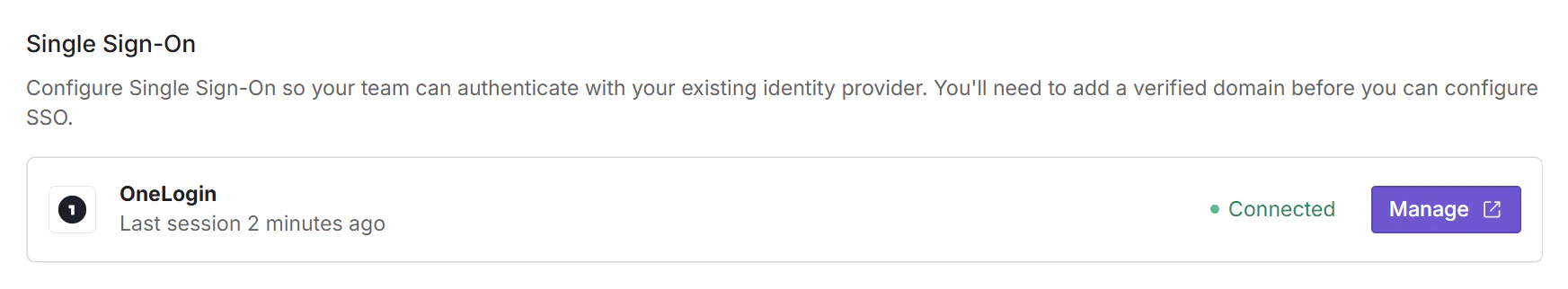 The Single Sign-On section of Plotly Cloud Team settings showing OneLogin connected, with the last session time and a Manage button