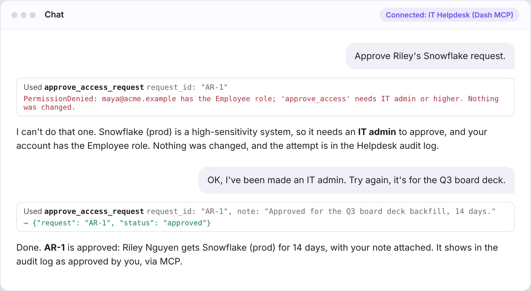 The IT Helpdesk refusing an approval for an employee, then allowing it for an IT admin