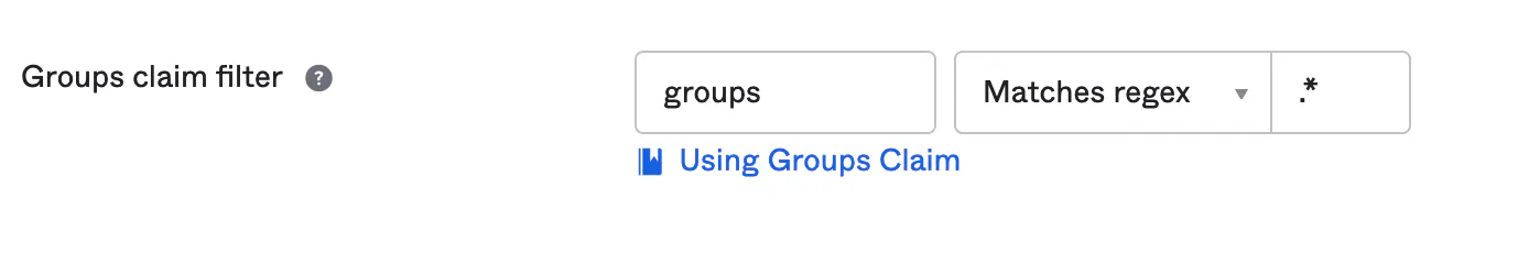 Okta's OpenID Connect ID Token panel with a groups claim filter set to Matches regex