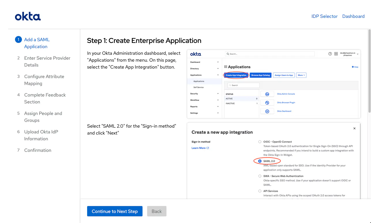 The Dash Enterprise IdP wizard's Okta flow, Step 1: create a SAML 2.0 app integration in the Okta admin console