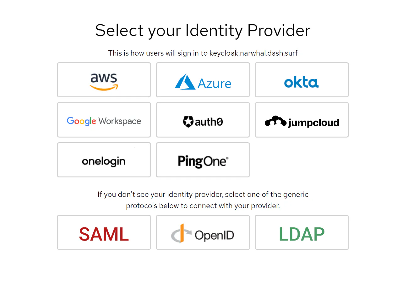 The Dash Enterprise identity provider wizard, showing tiles for AWS, Azure, Okta, Google Workspace, Auth0, JumpCloud, OneLogin and PingOne, plus generic SAML, OpenID and LDAP options