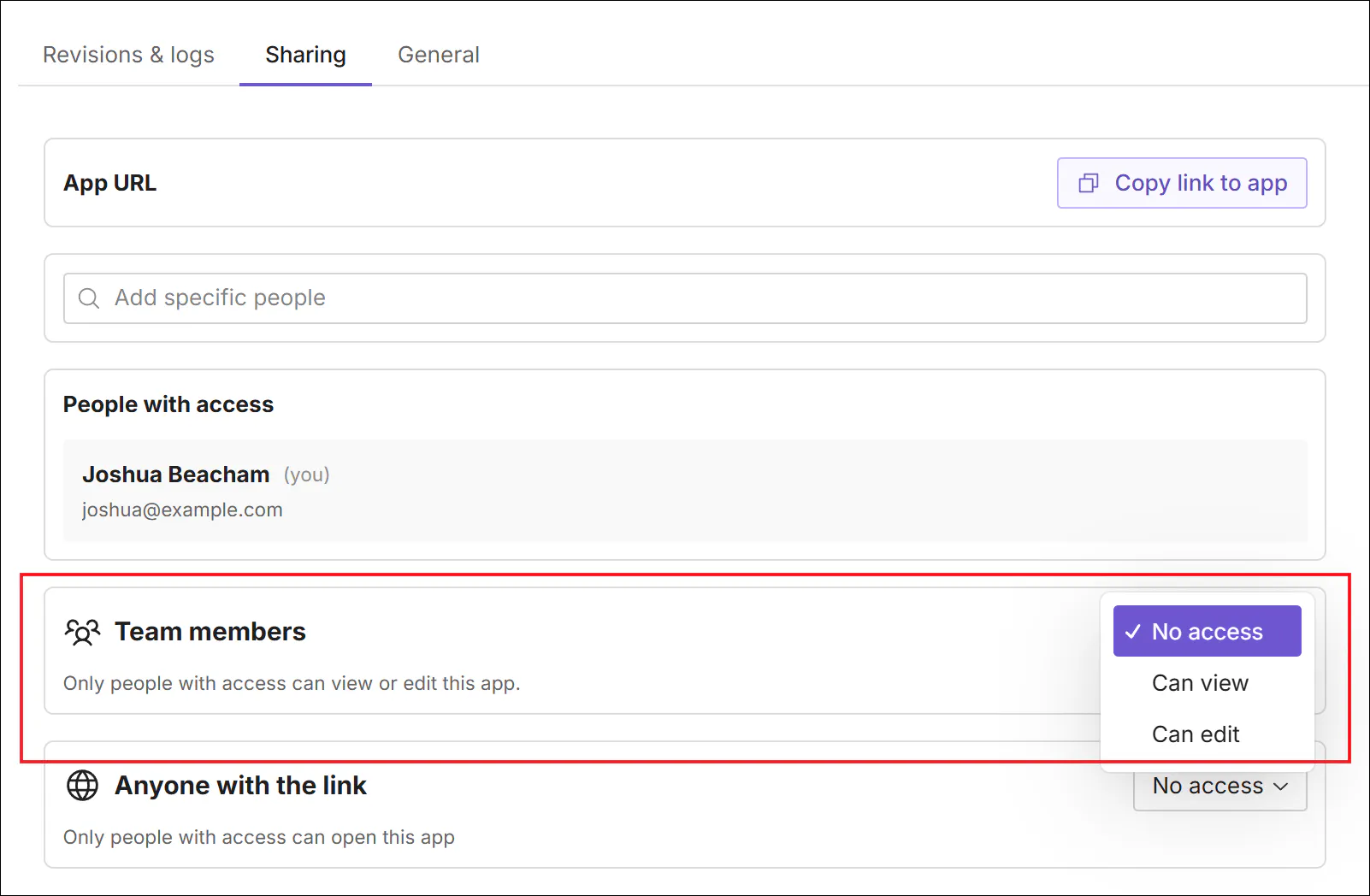 Plotly Cloud app sharing settings with team member access set to Can view