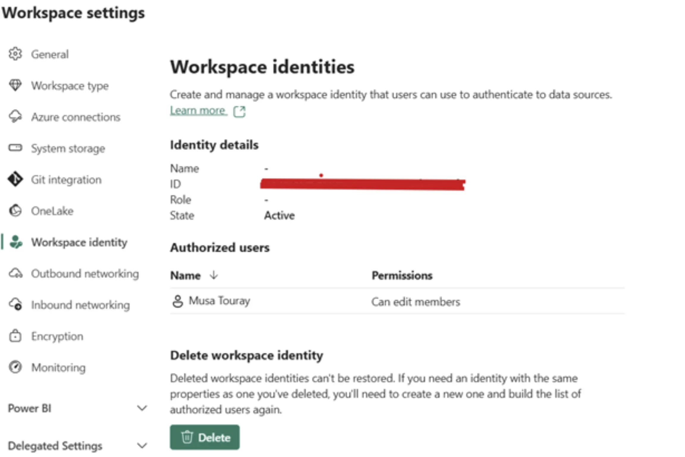 Workspace Identity panel with ID highlighted