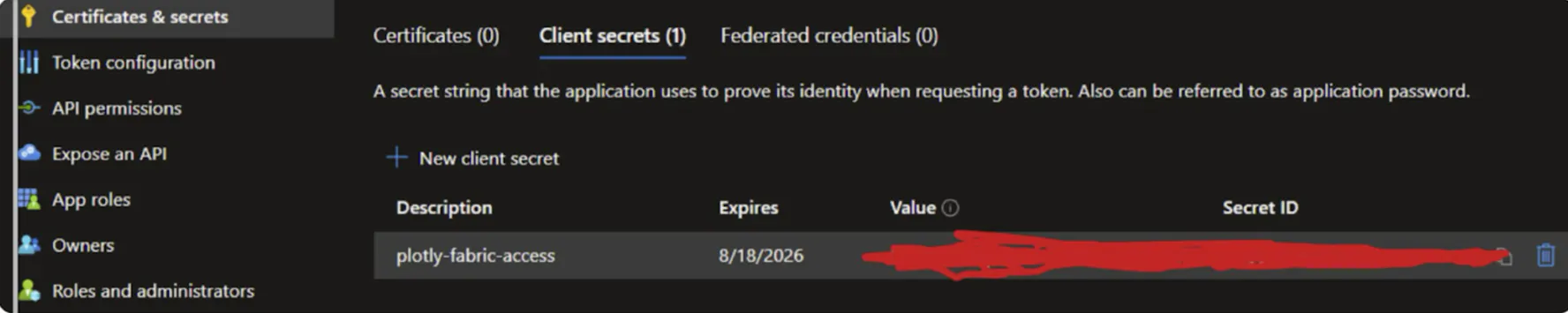 Client secret value highlighted immediately after creation