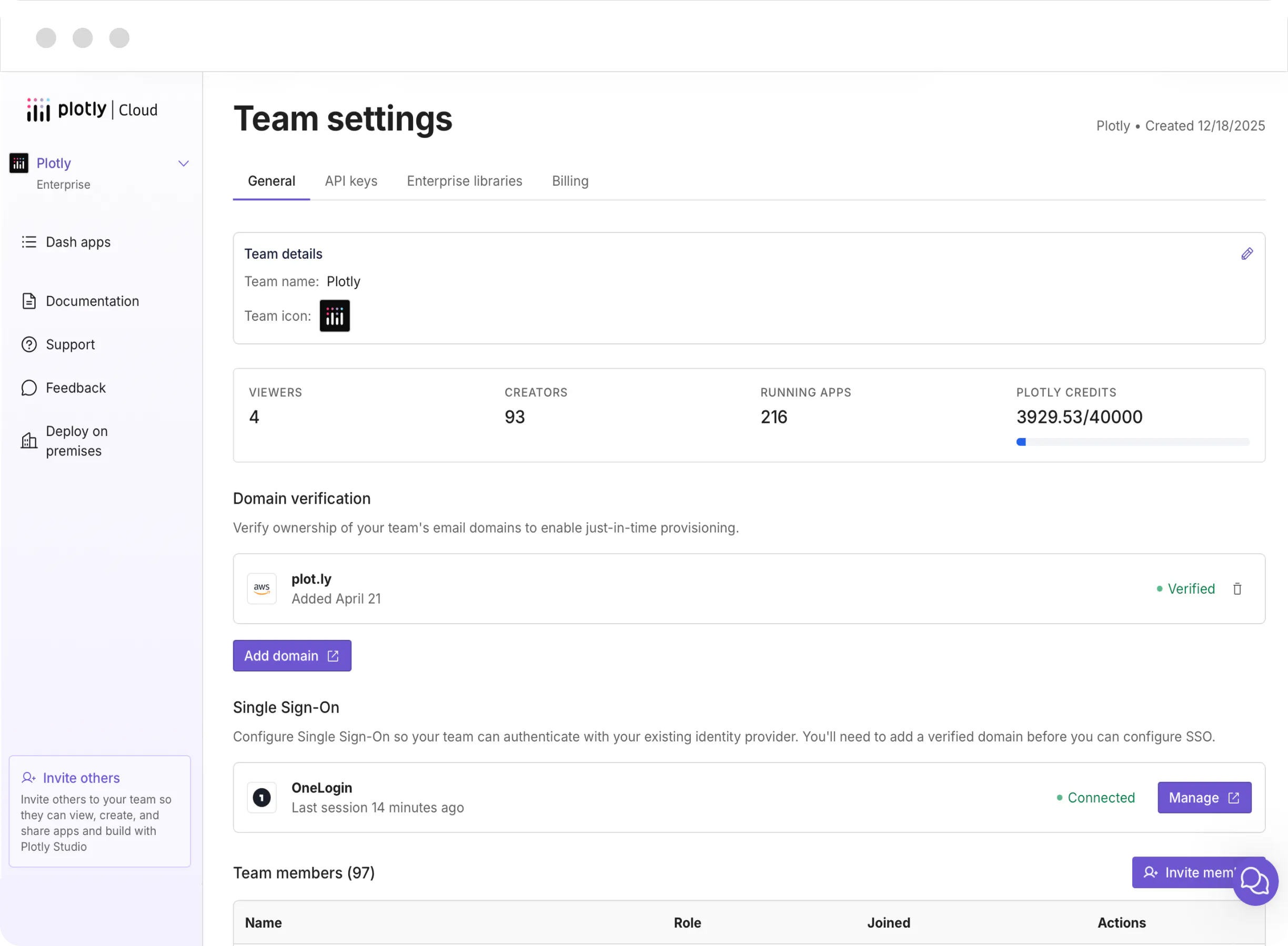 Plotly Cloud Team settings