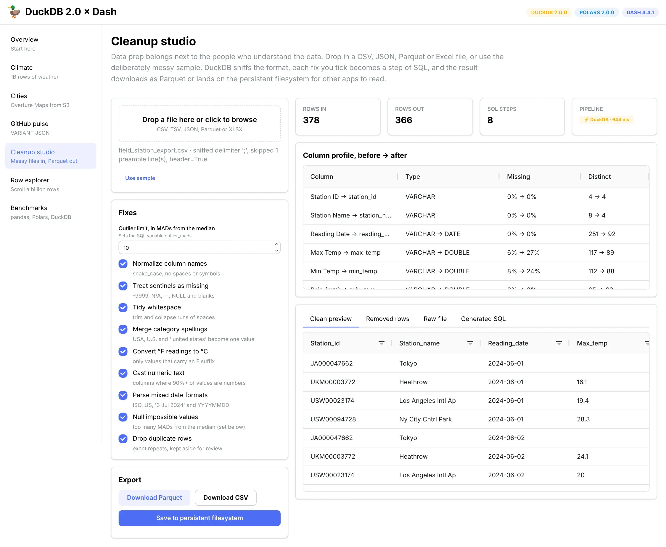 Cleanup studio: a messy CSV with checkbox fixes, an outlier limit set as a SQL variable, a before-and-after column profile and a clean preview