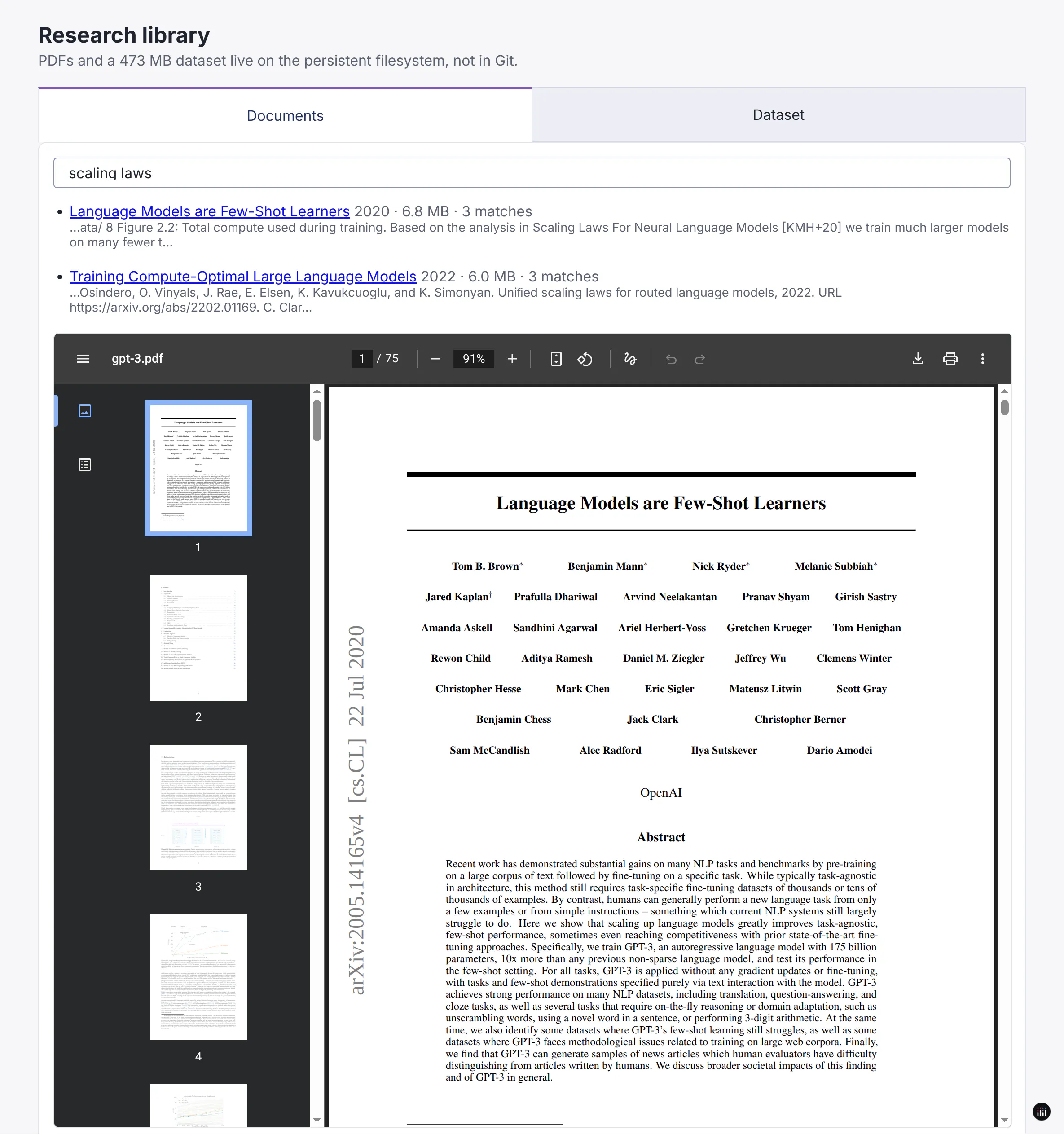 Research library app with full-text search results and the GPT-3 paper open in a PDF viewer, served from the persistent filesystem