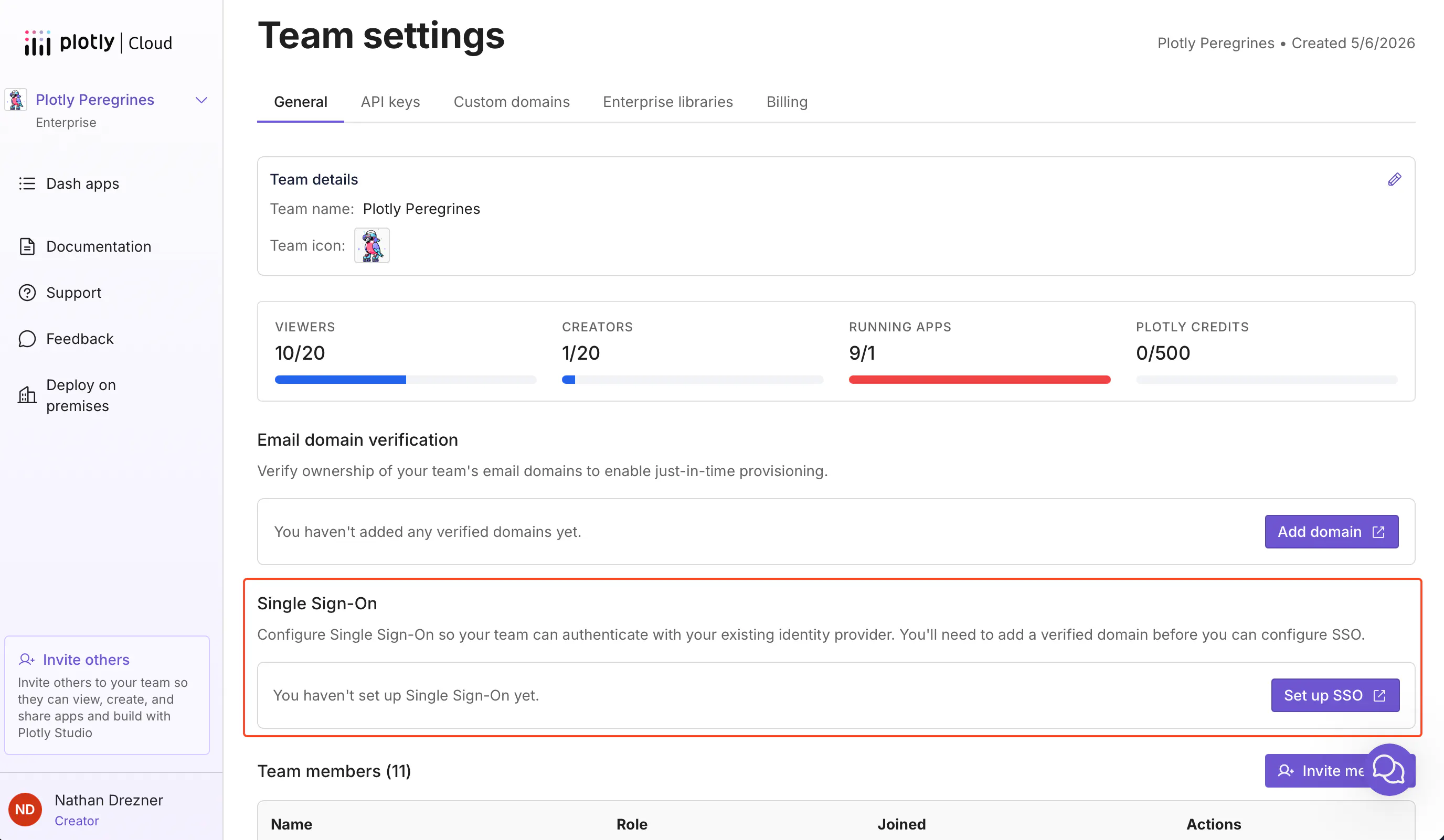 Team settings in Plotly Cloud, with the Email domain verification and Single Sign-On sections