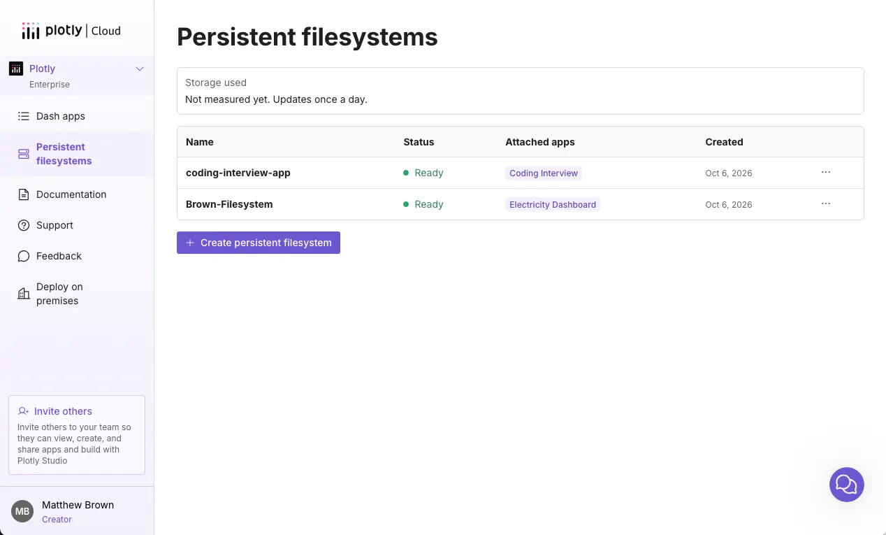 Persistent Filesystems list view in Plotly Cloud