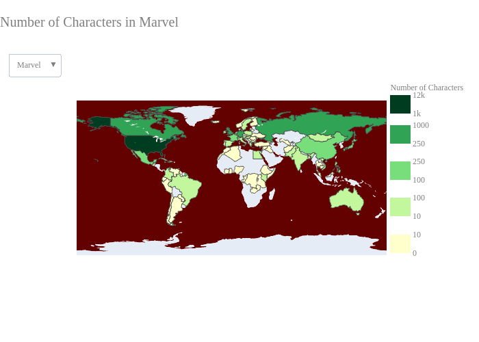 Number of Characters in Marvel | choropleth made by Ahko26 | plotly