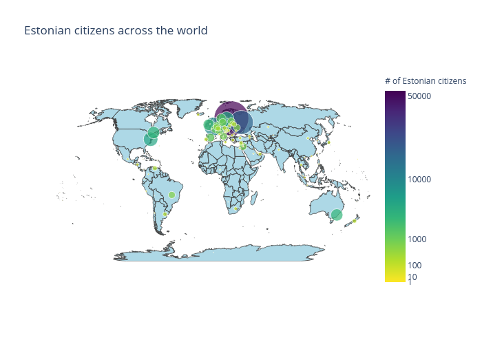 Estonian citizens across the world | scattergeo made by Alexandrewillikneto | plotly