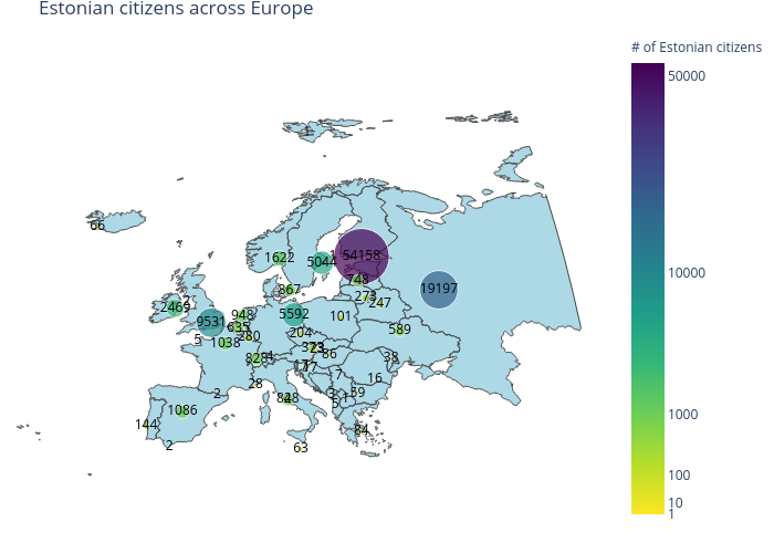 Estonian citizens across Europe | scattergeo made by Alexandrewillikneto | plotly