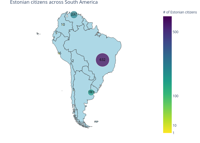 Estonian citizens across South America | scattergeo made by Alexandrewillikneto | plotly