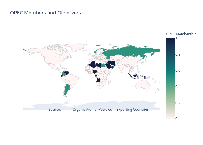 OPEC Members and Observers | choropleth made by Davidworoniuk | plotly