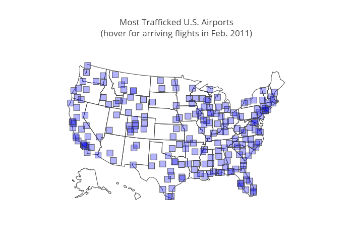 Most Trafficked U.S. Airports(hover for arriving flights in Feb. 2011) | scattergeo made by Dreamshot | plotly