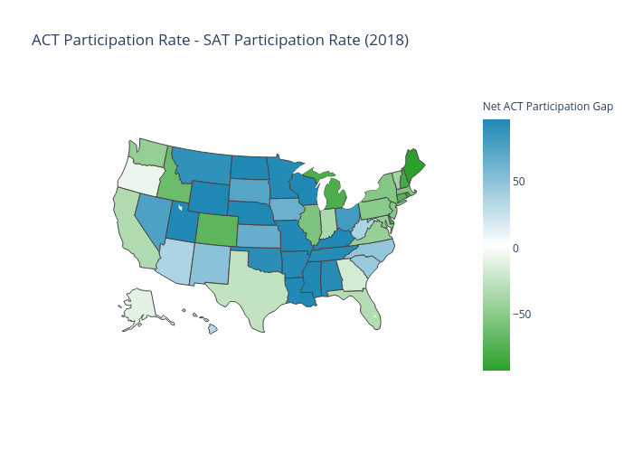 ACT Participation Rate - SAT Participation Rate (2018) | choropleth made by Jamesdargan | plotly