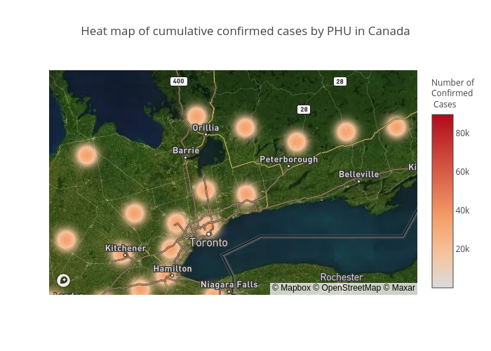 Heat map of cumulative confirmed cases by PHU in Canada | densitymapbox made by Jingyusabrina | plotly