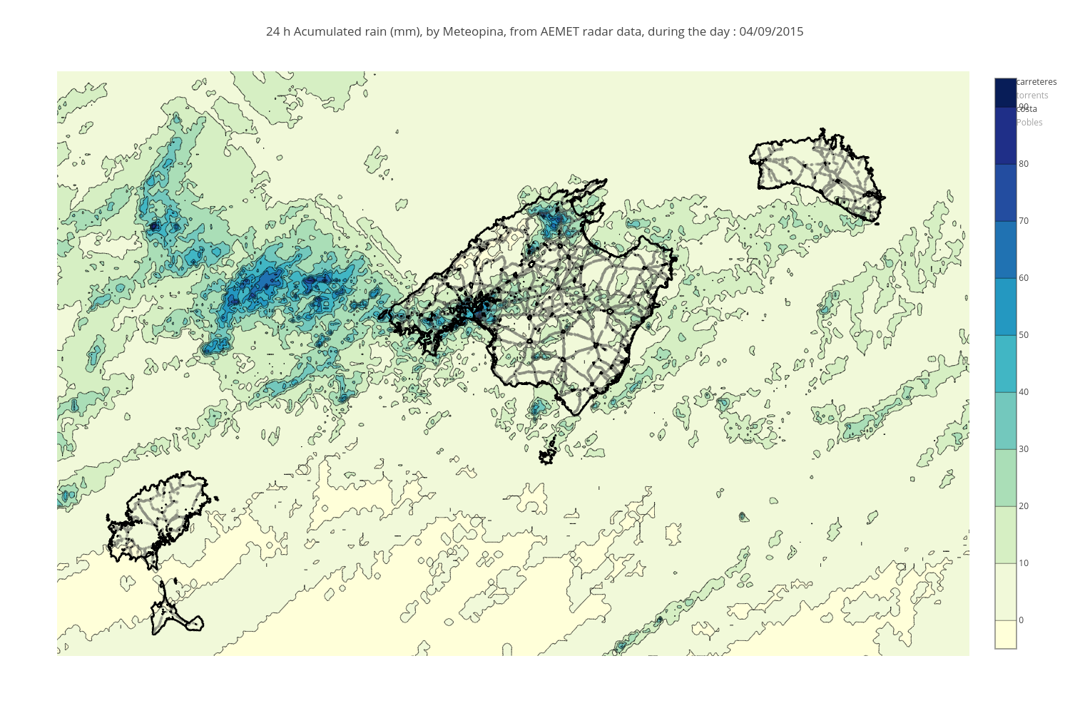 24 h Acumulated rain (mm), by Meteopina, from AEMET radar data, during the day : 04/09/2015 | scatter chart made by Tonibois | plotly