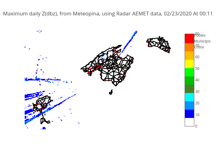Maximum daily Z(dbz), from Meteopina, using Radar AEMET data, 02/23/2020 At 00:11  | heatmap made by Tonibois | plotly