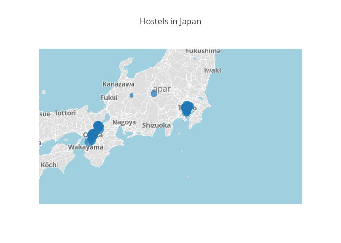 Hostels in Japan | scattermapbox made by Trahaearn | plotly