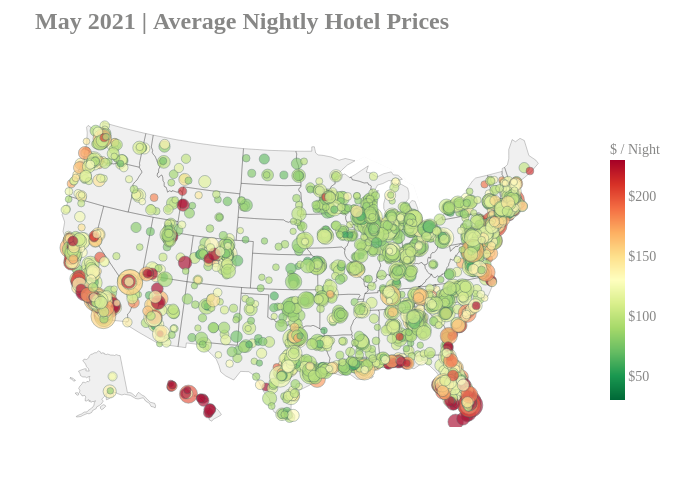 May 2021 | Average Nightly Hotel Prices | scattergeo made by Adamodaran | plotly