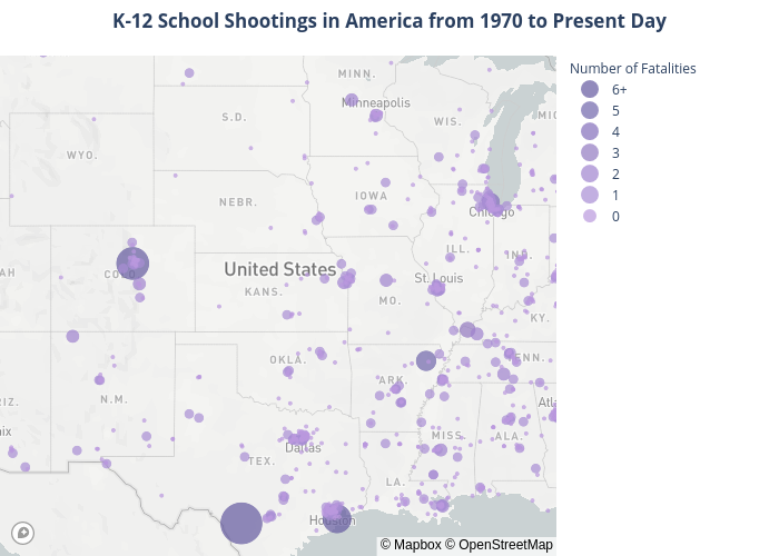 K-12 School Shootings in America from 1970 to Present Day | scattermapbox made by Ahalps | plotly