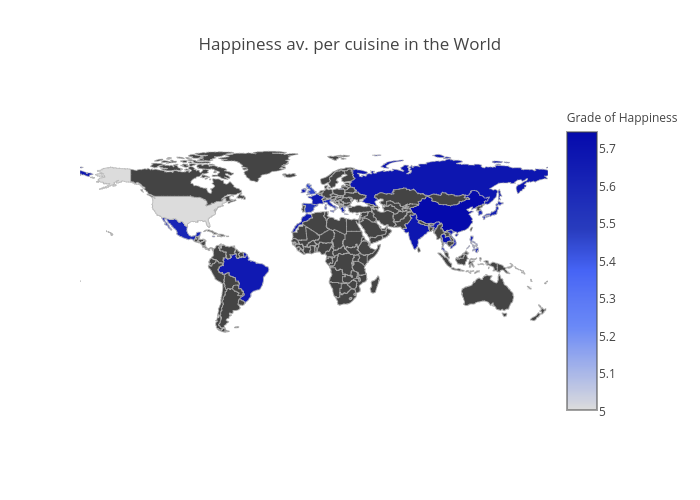 Happiness av. per cuisine in the World | choropleth made by Andreaque | plotly