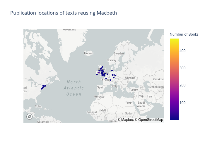 Publication locations of texts reusing Macbeth | scattermapbox made by Anttipol | plotly
