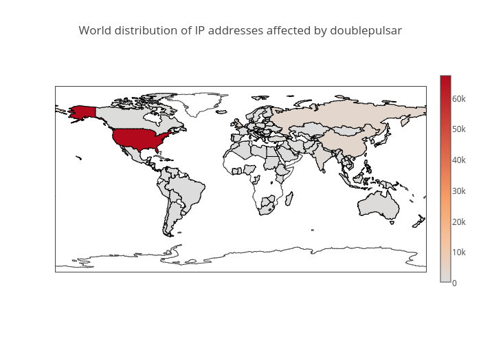 World distribution of IP addresses affected by doublepulsar | choropleth made by Balgan | plotly