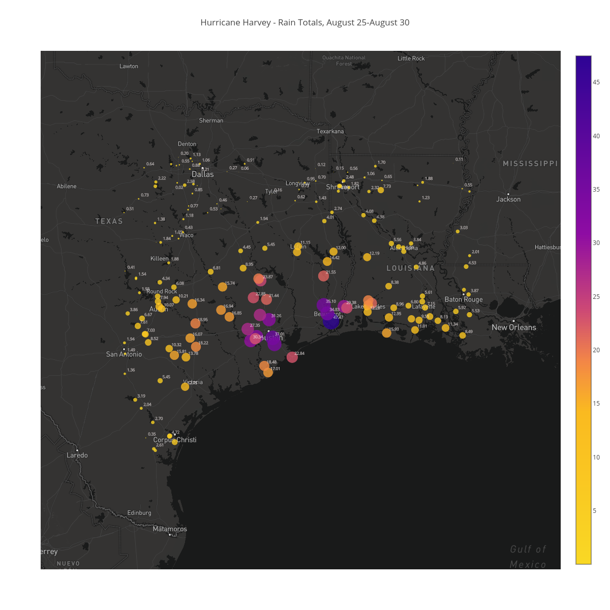 Hurricane Harvey - Rain Totals, August 25-August 30 | scattermapbox made by Bigdata153 | plotly