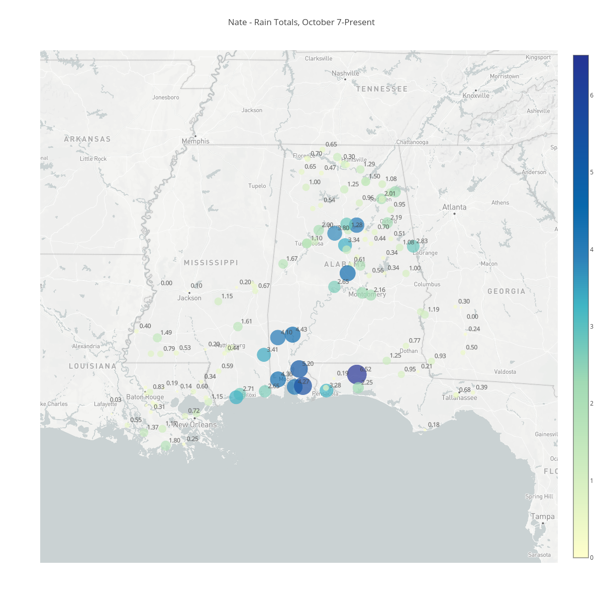 Nate - Rain Totals, October 7-Present | scattermapbox made by Bigdata153 | plotly