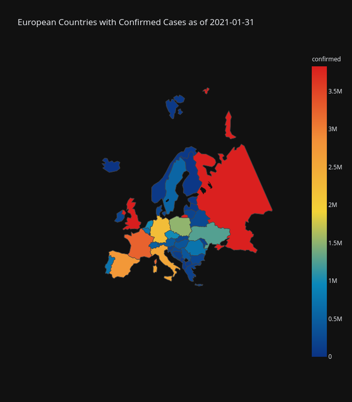 European Countries with Confirmed Cases as of 2021-01-31 | choropleth made by Blueskyson1401 | plotly