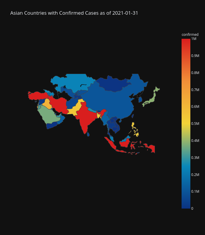 Asian Countries with Confirmed Cases as of 2021-01-31 | choropleth made by Blueskyson1401 | plotly