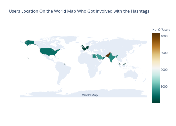 Users Location On the World Map Who Got Involved with the Hashtags | choropleth made by Dfracdeveloper | plotly