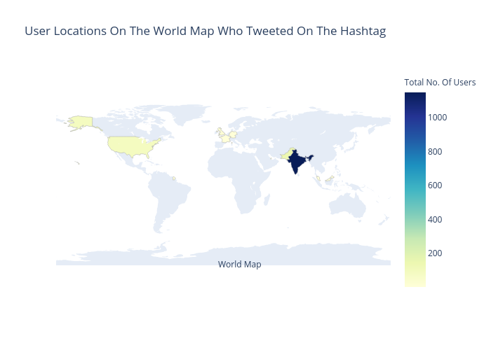 User Locations On The World Map Who Tweeted On The Hashtag | choropleth made by Dfracdeveloper | plotly