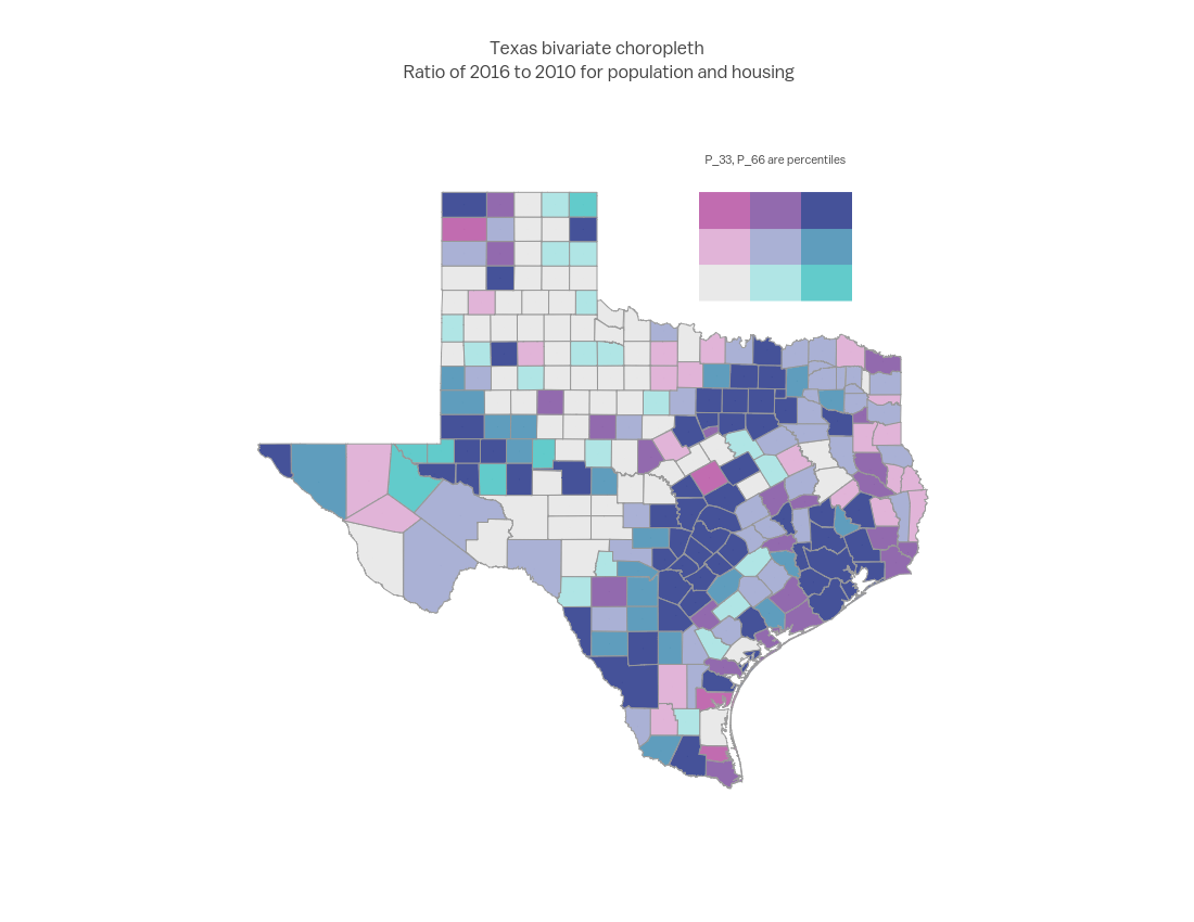 Texas bivariate choropleth Ratio of 2016 to 2010 for population and housing | filled line chart made by Empet | plotly