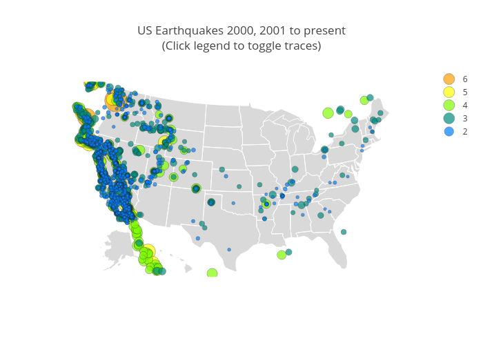 US Earthquakes 2000, 2001 to present(Click legend to toggle traces) | scattergeo made by Erhepp | plotly