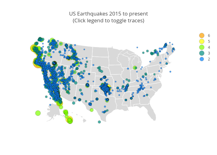 US Earthquakes 2015 to present(Click legend to toggle traces) | scattergeo made by Erhepp | plotly