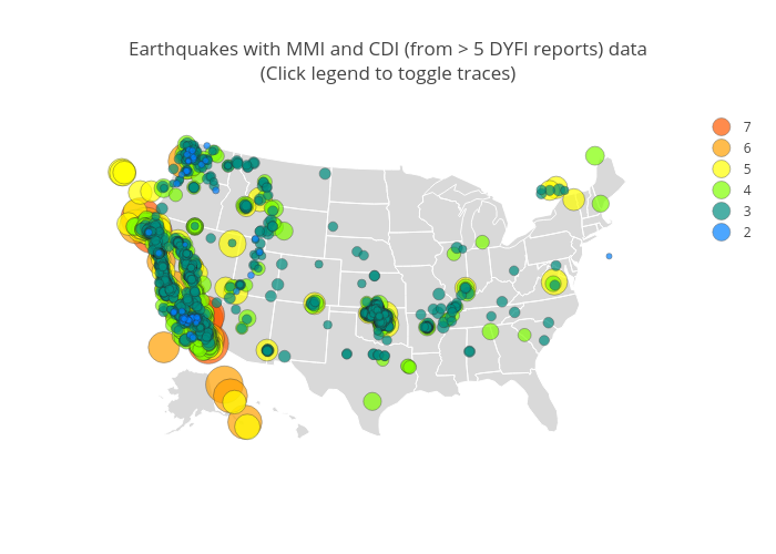 Earthquakes with MMI and CDI (from > 5 DYFI reports) data(Click legend to toggle traces) | scattergeo made by Erhepp | plotly