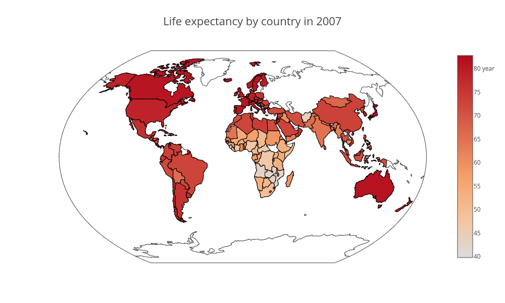 Life expectancy by country in 2007 | choropleth made by Etpinard | plotly