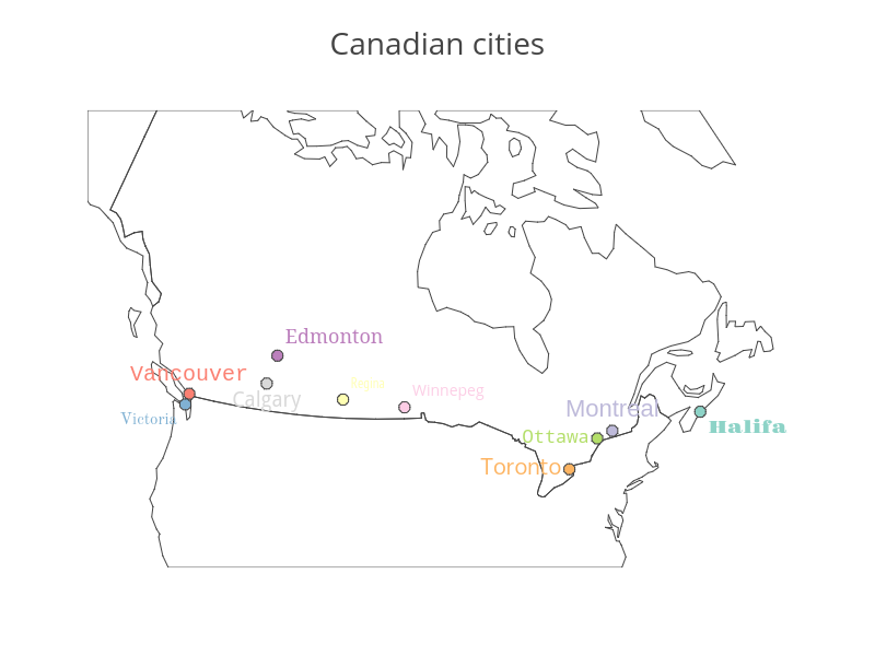 Canadian cities | scattergeo made by Etpinard | plotly
