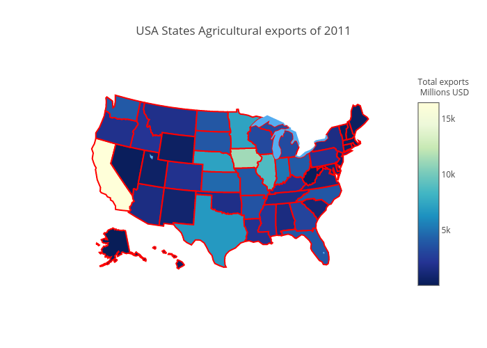USA States Agricultural exports of 2011 | choropleth made by Hasanbdimran | plotly