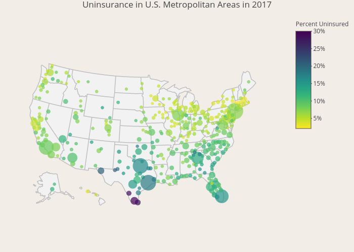 Uninsurance in U.S. Metropolitan Areas in 2017 | scattergeo made by Hestx005 | plotly