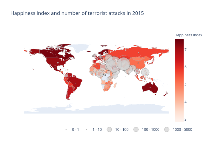 Happiness index and number of terrorist attacks in 2015 | choropleth made by Hugaguett | plotly