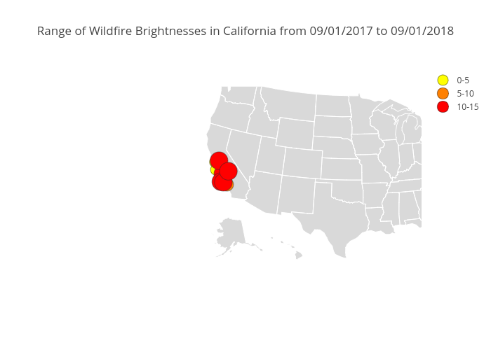 Range of Wildfire Brightnesses in California from 09/01/2017 to 09/01/2018 | scattergeo made by Iamciera | plotly