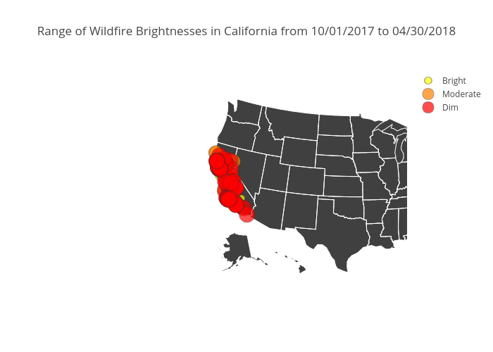 Range of Wildfire Brightnesses in California from 10/01/2017 to 04/30/2018 | scattergeo made by Iamciera | plotly