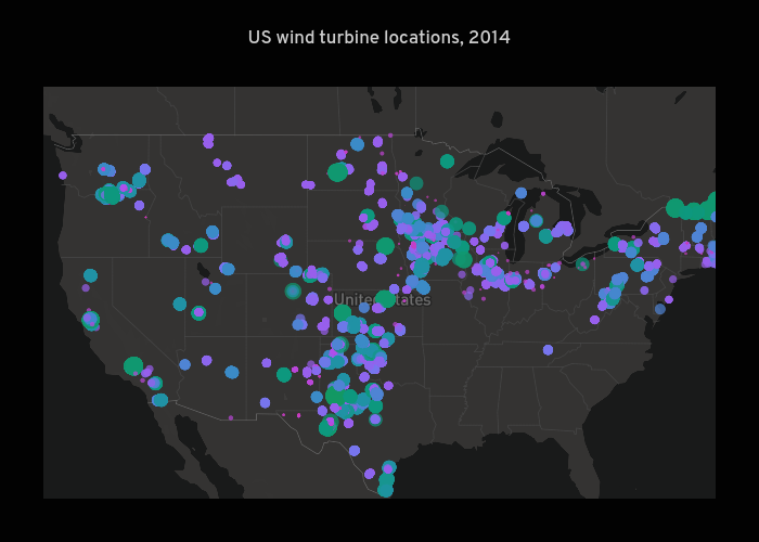 US wind turbine locations, 2014 | scattermapbox made by Jackluo | plotly