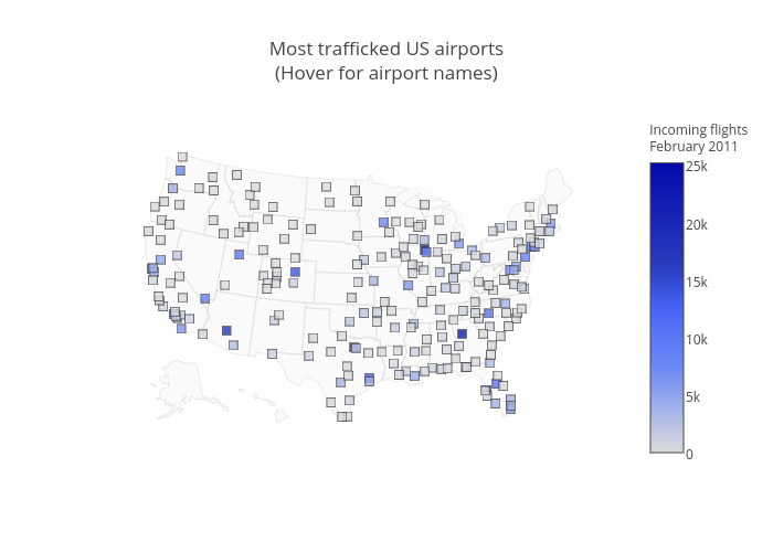 Most trafficked US airports(Hover for airport names) | scattergeo made by Jackp | plotly