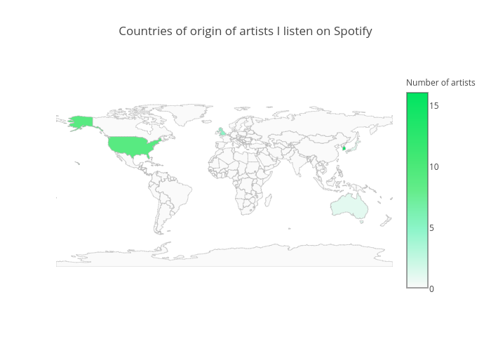 Countries of origin of artists I listen on Spotify | choropleth made by Jitsejan | plotly